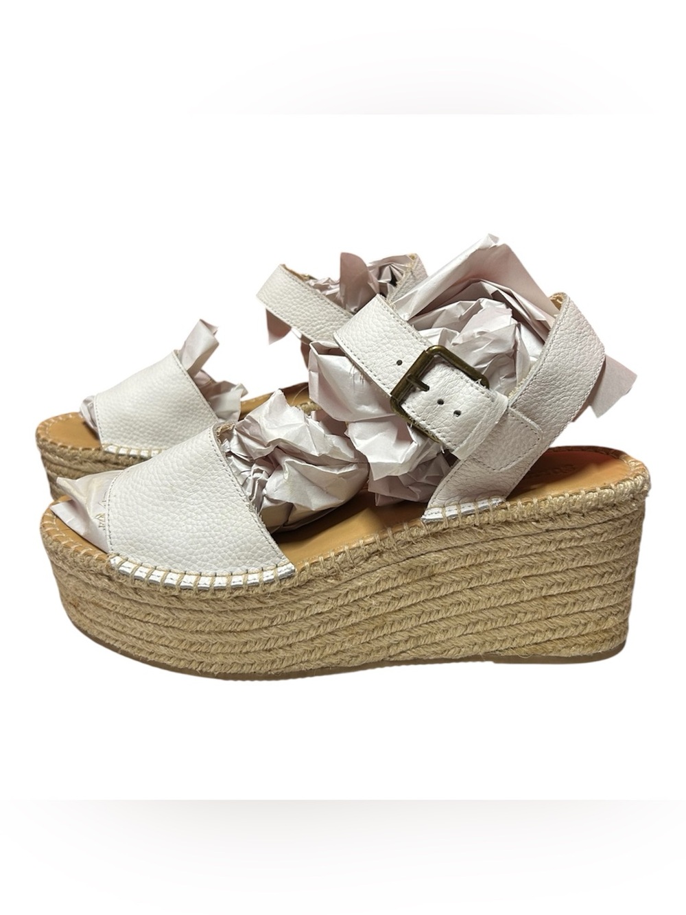 Soludos Minorca White Optic Leather Espadrille Wedge platform Sandals